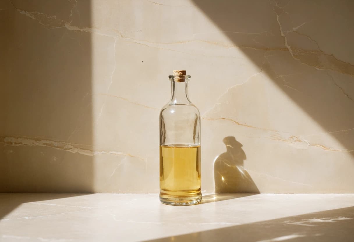 A clear apothecary bottle of pale liquid on cream travertine