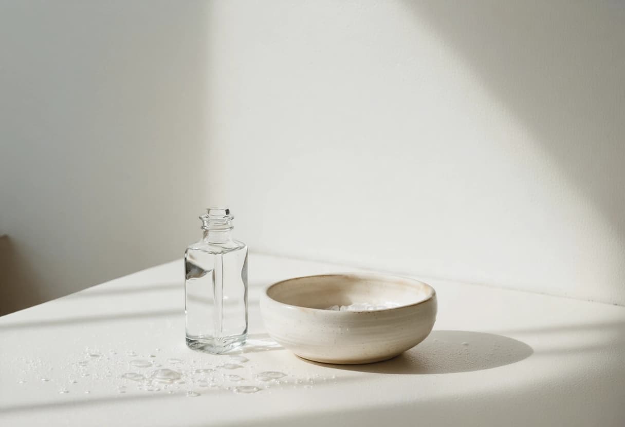A clear glass dropper bottle and a pale ceramic dish on a bone surface