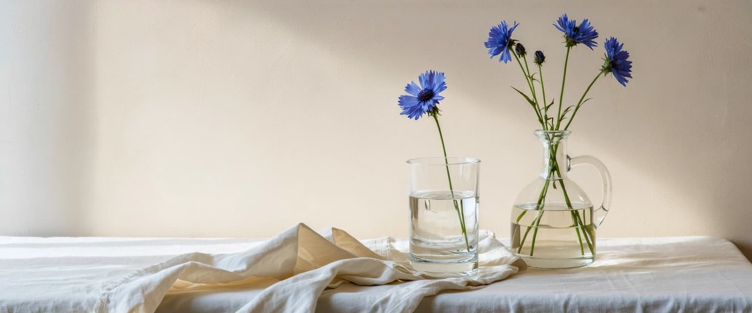 Fresh cornflowers standing in water in a glass carafe on bone linen