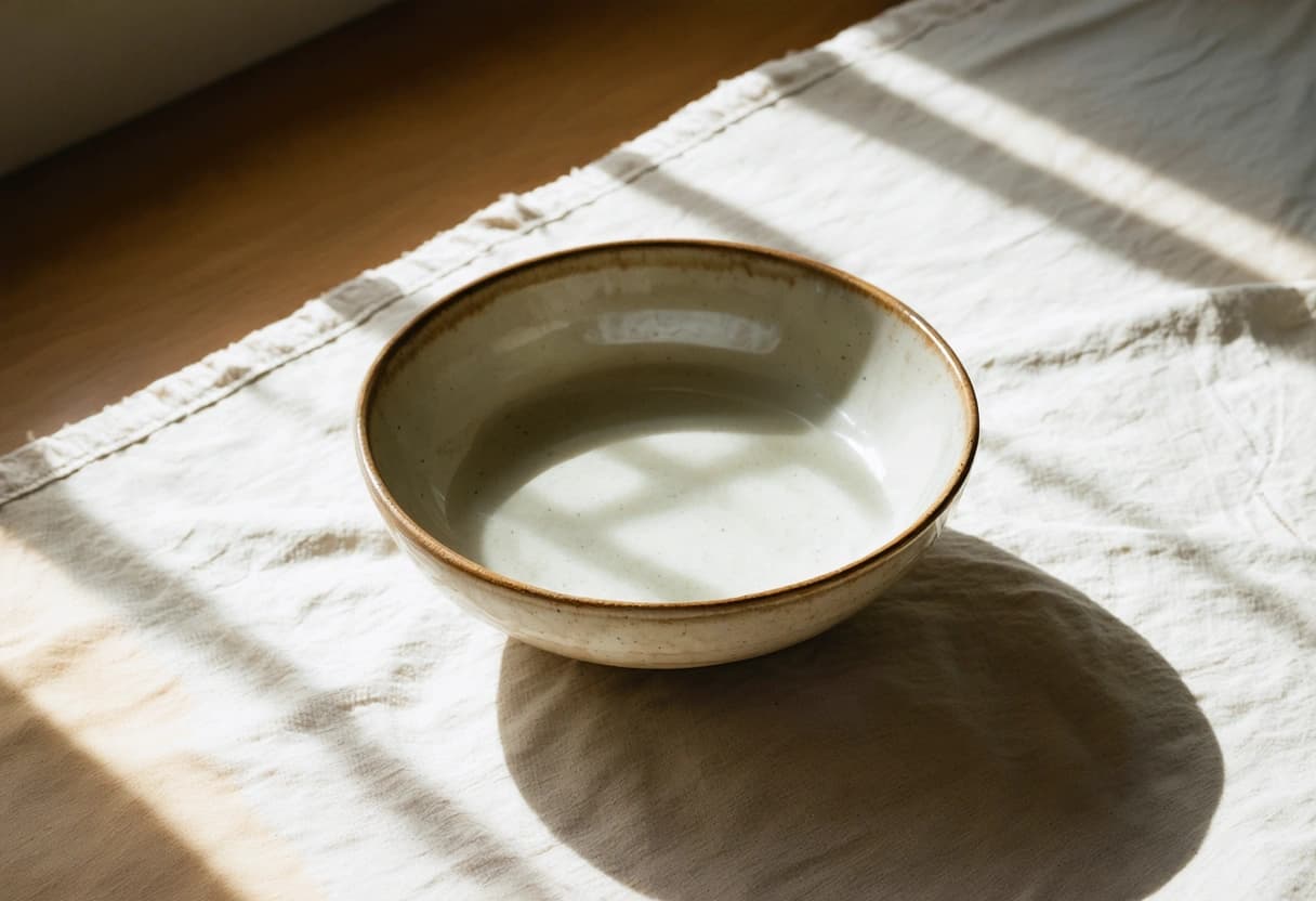 A shallow ceramic bowl of still water on cream linen, catching afternoon light