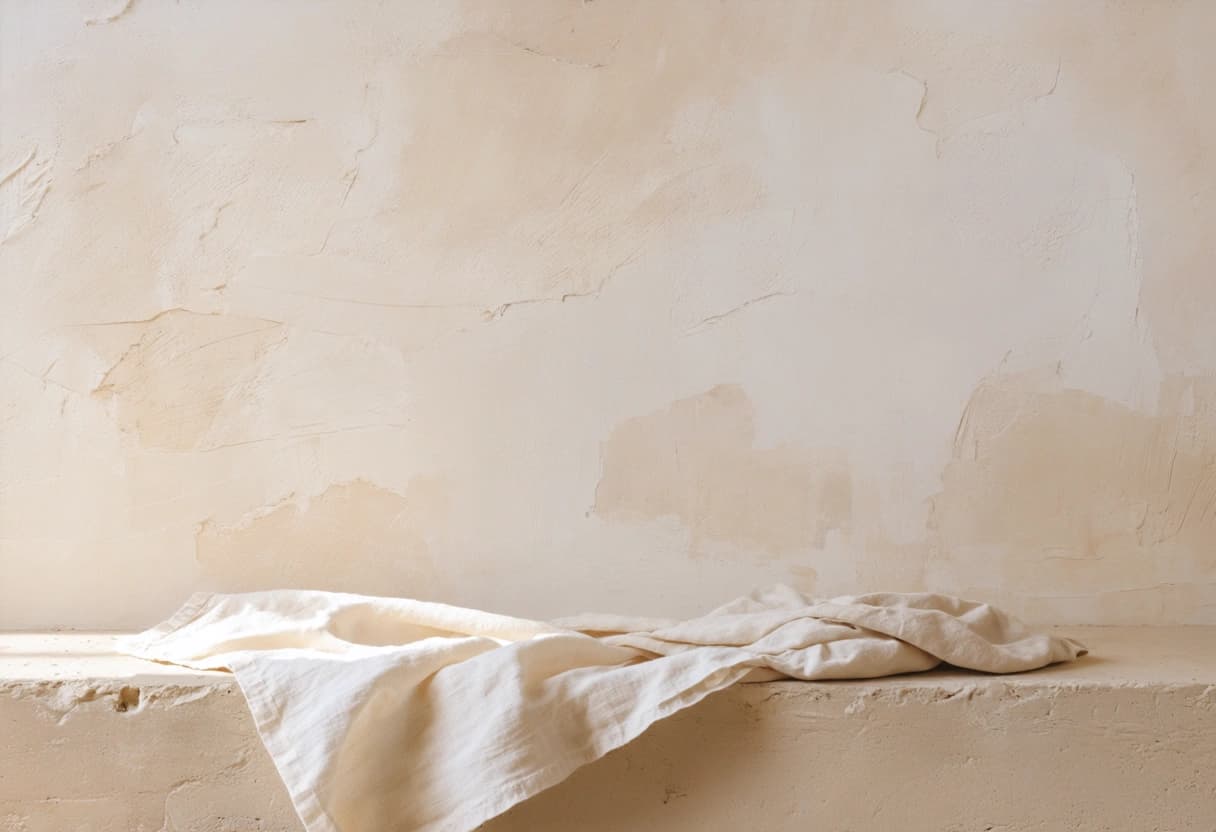 A folded linen cloth on a stone ledge against a hand-finished plaster wall