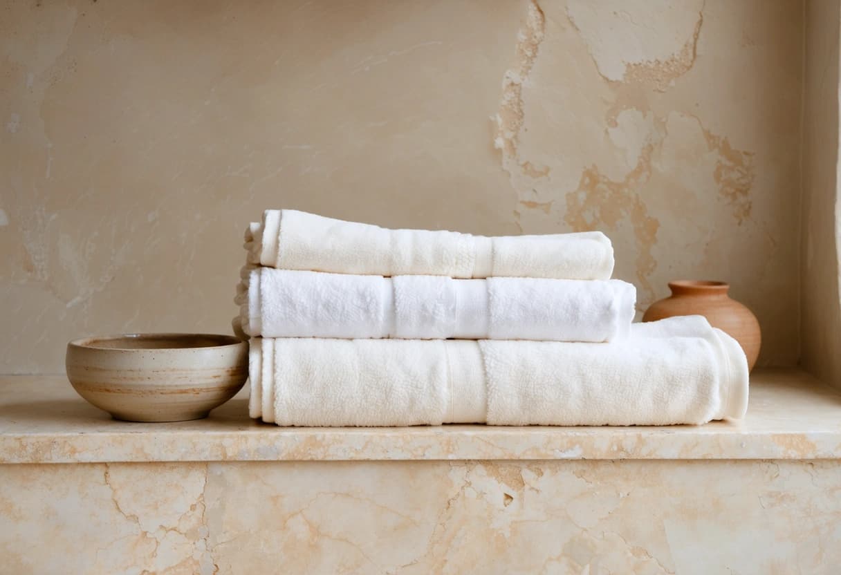 Folded bone-white towels and a clay dish on a travertine ledge